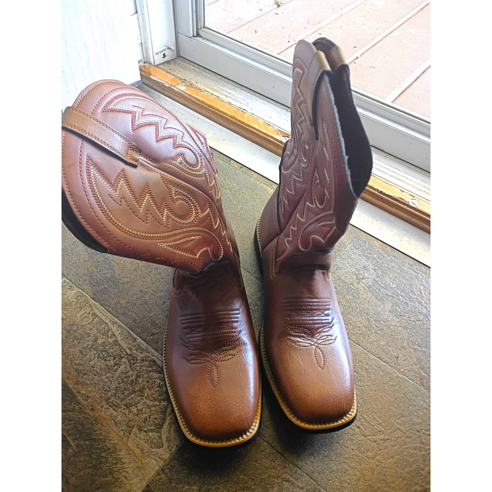 Mens Brown Leather Western Cowboy Boots Embroidered Square Toe Pull-On US 9